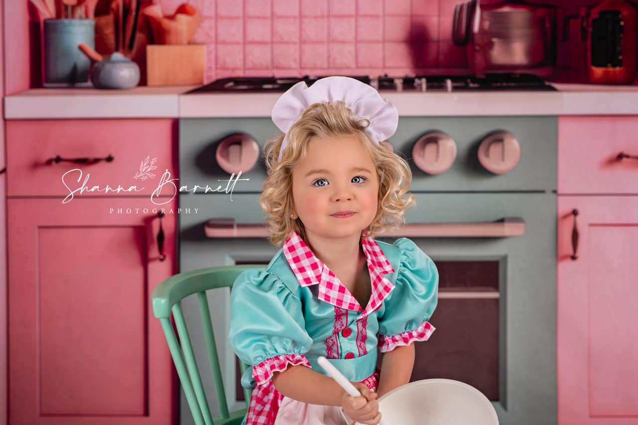 Kate Pink Dollhouse Kitchen Backdrop Designed by Mandy Ringe Photography