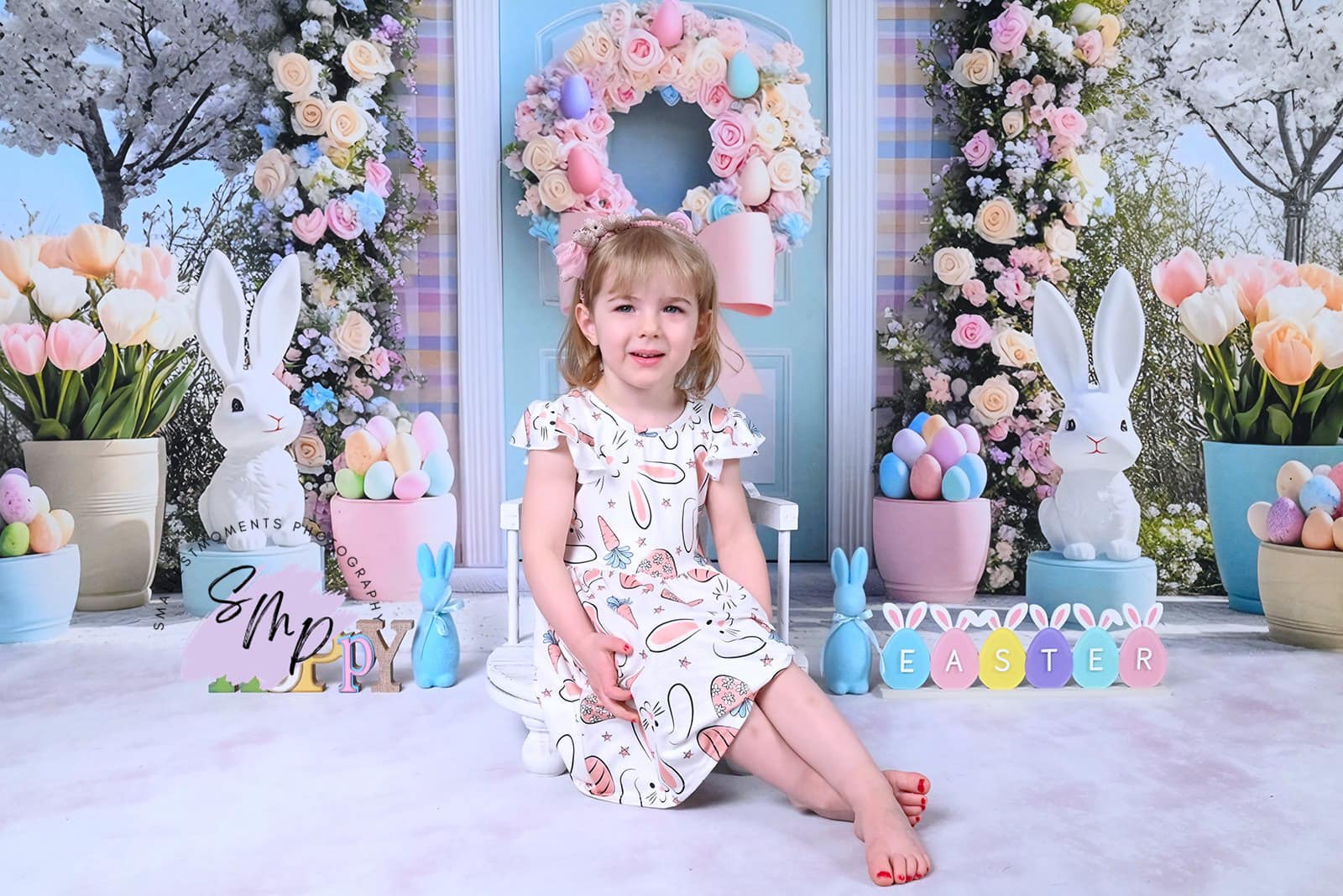 Easter backdrop with floral arch, decorative bunnies, pastel eggs, and spring decor by Kate Easter Mini MakeBelieve