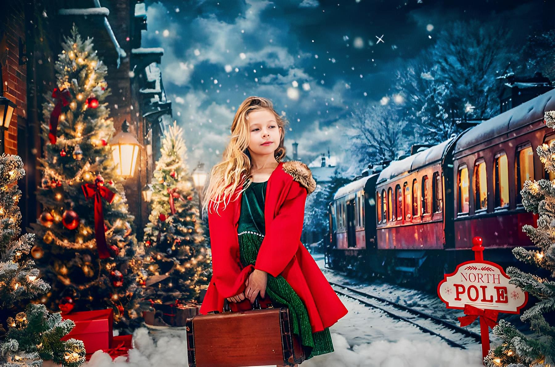 Kate Winter Christmas Tree Train Backdrop Designed by Emetselch