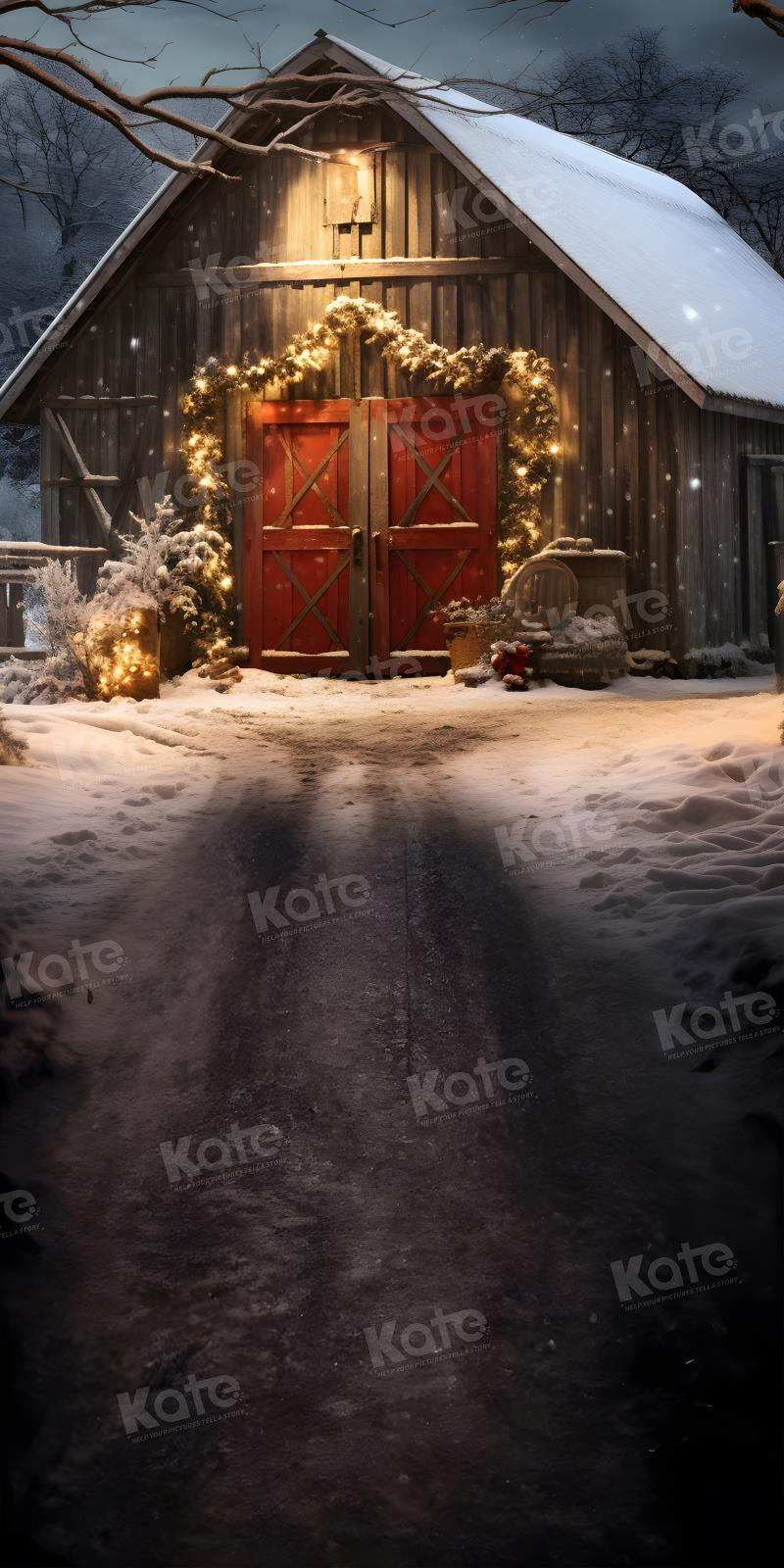 Kate Christmas Way to Red Barn Night Backdrop for Photography