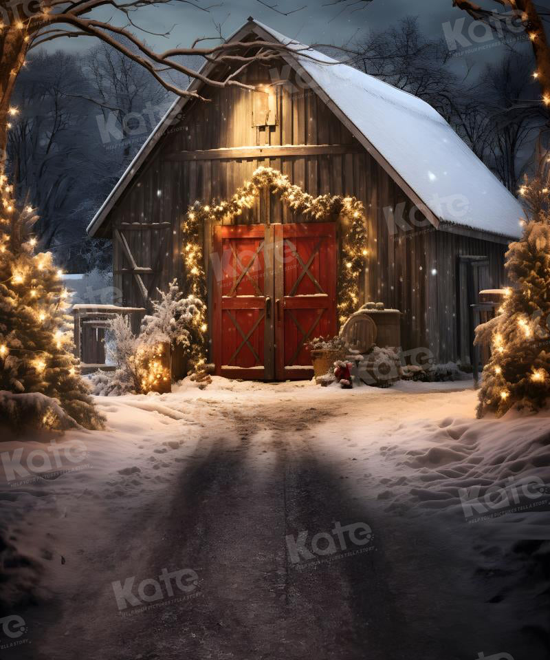 Kate Christmas Way to Red Barn Night Backdrop for Photography