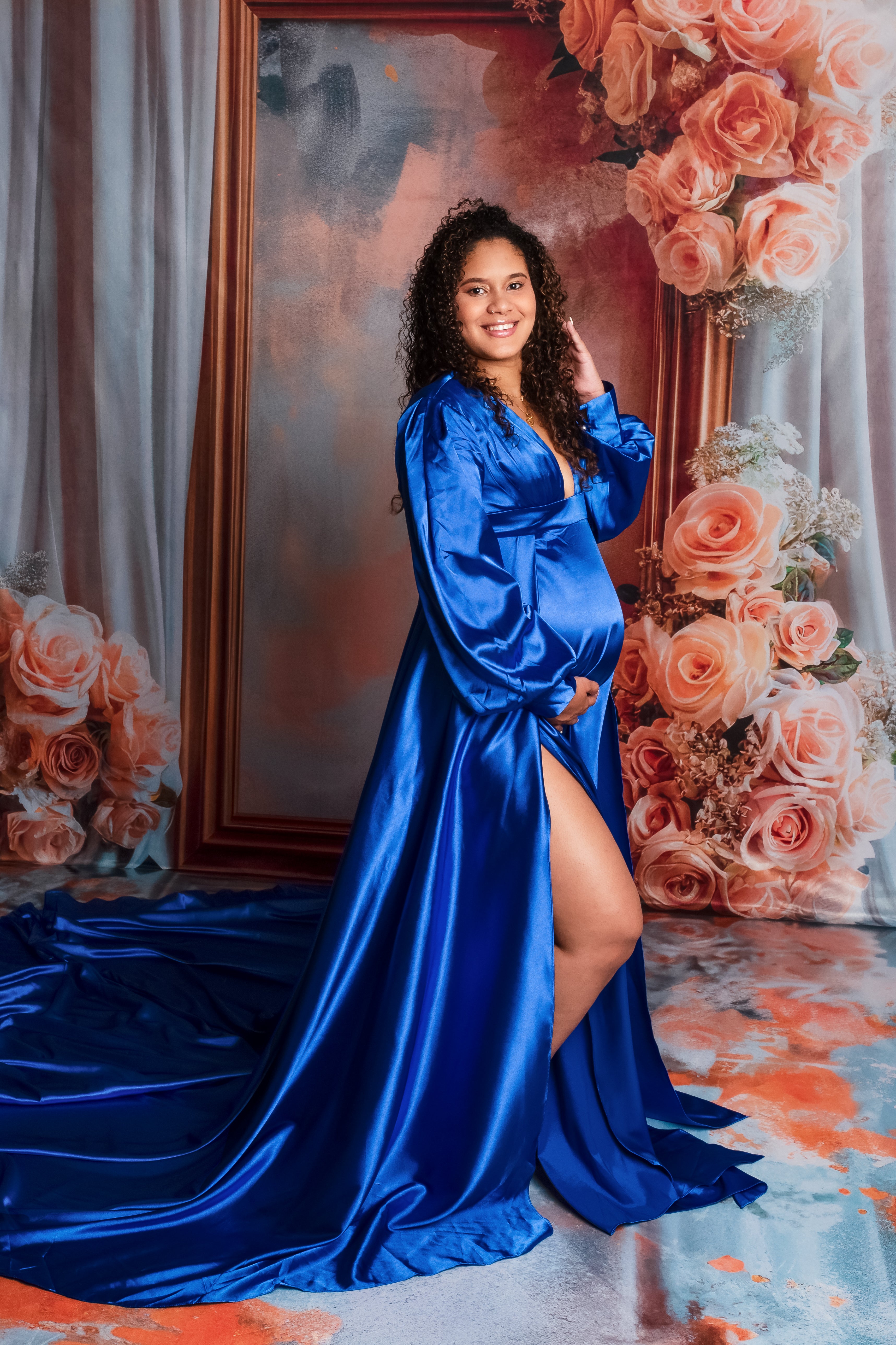 Kate Sapphire Blue Long Sleeve Satin Blue Maternity Photoshoot Dress