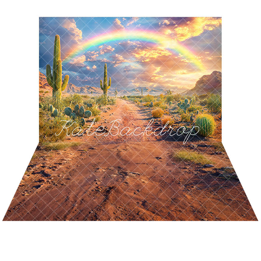 Kate Desert Cactus Rainbow Mountain Cloud Backdrop+Dirt Road Floor Backdrop