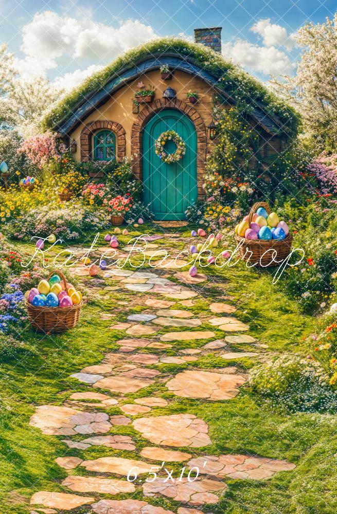 Kate Easter Spring Flowers Cabin Fleece Backdrop Stone Path Green Grass Designed by Chain Photography