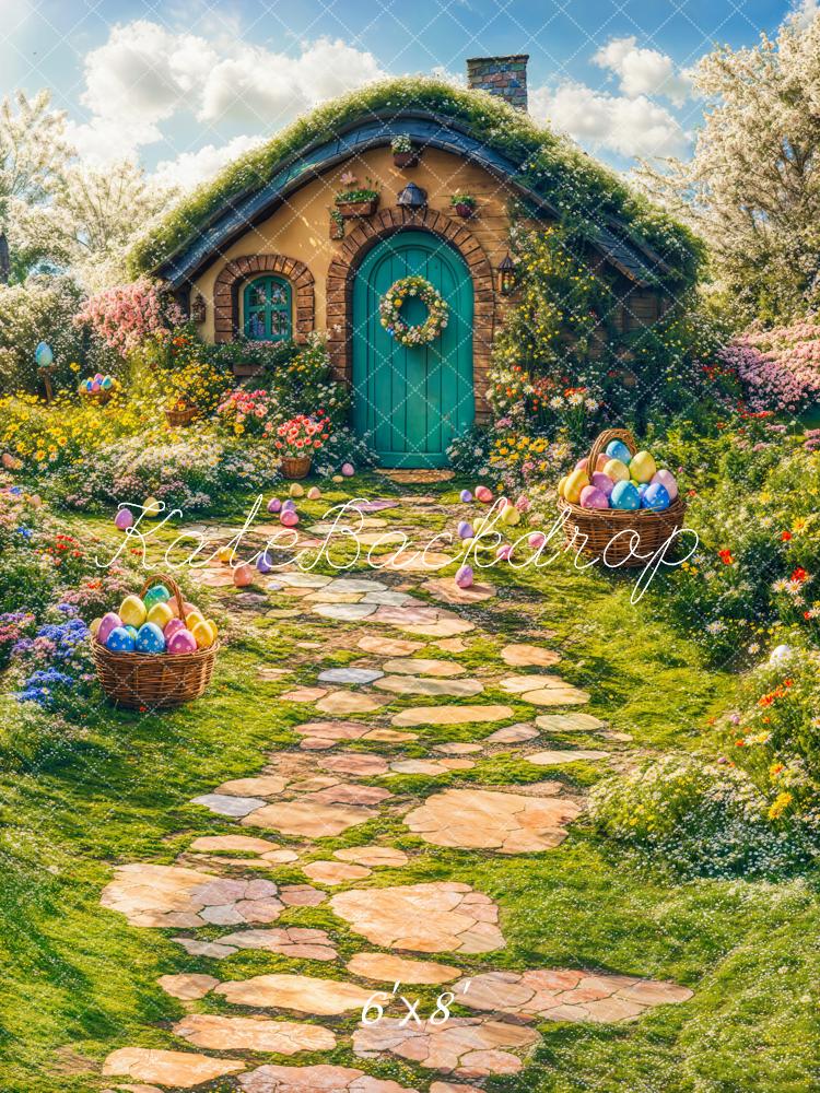 Kate Easter Spring Flowers Cabin Fleece Backdrop Stone Path Green Grass Designed by Chain Photography