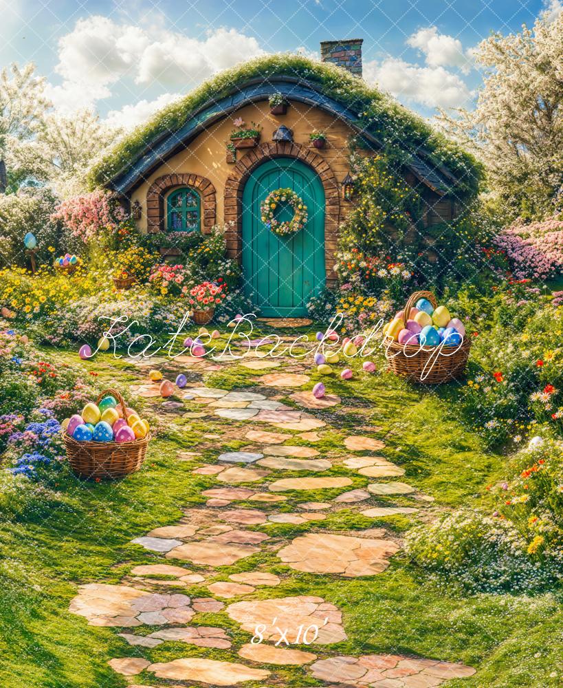 Kate Easter Spring Flowers Cabin Fleece Backdrop Stone Path Green Grass Designed by Chain Photography