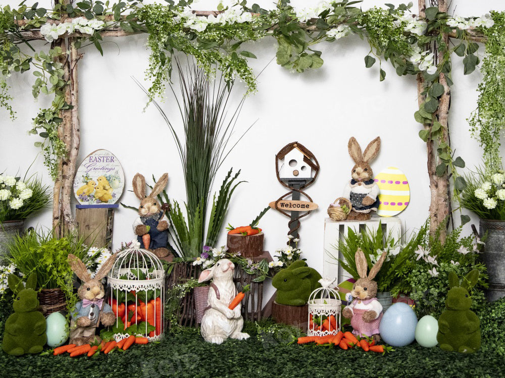 LONSALE Kate Easter Bunny Backdrop Spring Green Plants for Photography