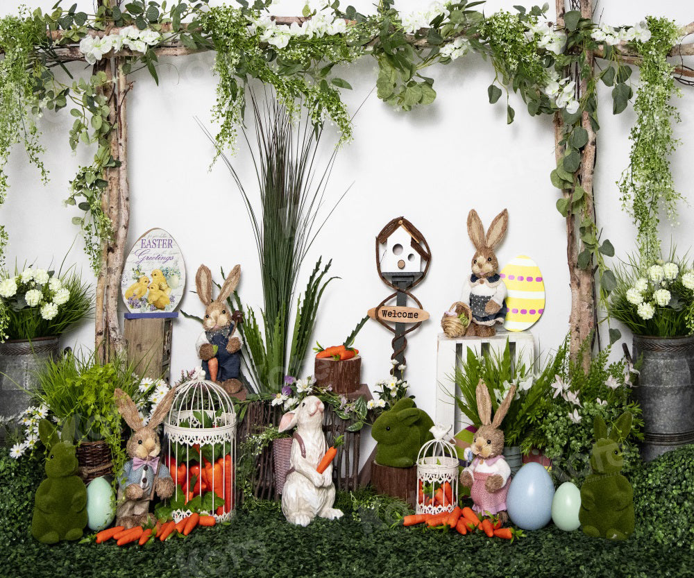 LONSALE Kate Easter Bunny Backdrop Spring Green Plants for Photography