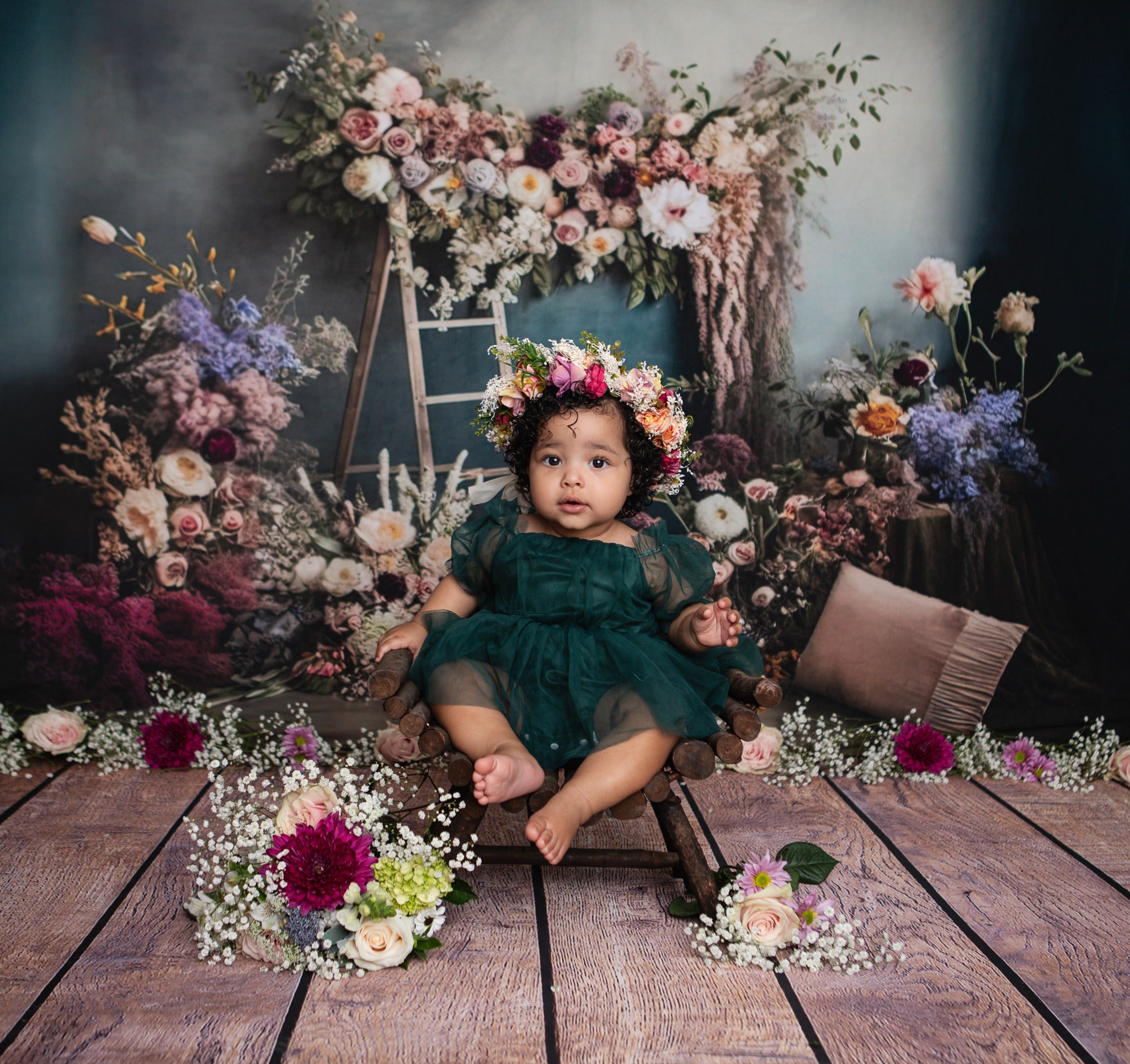 Kate Painterly Boho Backdrop Outdoors Wood Doors Dried Flowers Pampas Designed by Mini MakeBelieve