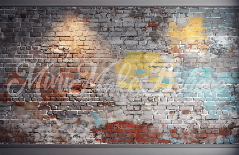 Kate Painterly Blue and Yellow Brick Wall Boy Cakesmash Birthday Backdrop Designed by Mini MakeBelieve