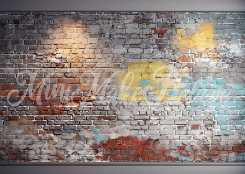 Kate Painterly Blue and Yellow Brick Wall Boy Cakesmash Birthday Backdrop Designed by Mini MakeBelieve