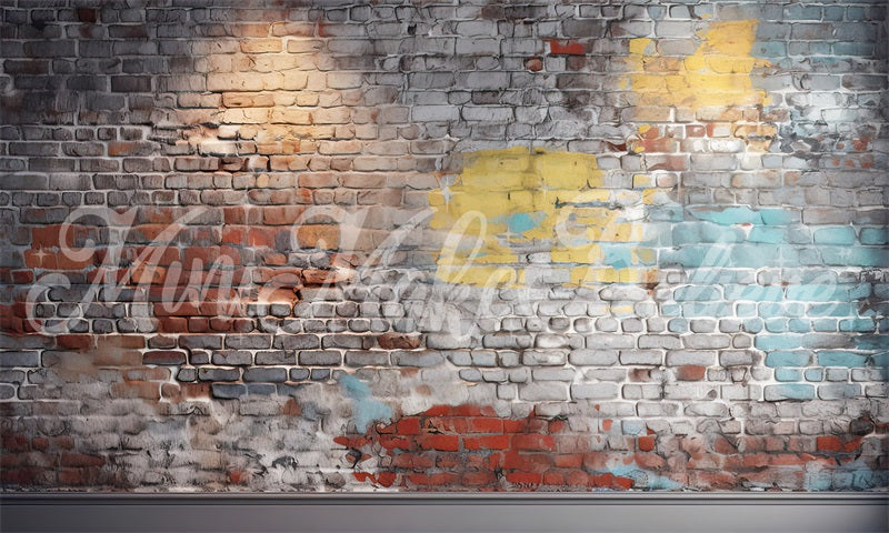 Kate Painterly Blue and Yellow Brick Wall Boy Cakesmash Birthday Backdrop Designed by Mini MakeBelieve