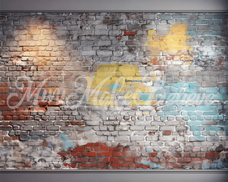 Kate Painterly Blue and Yellow Brick Wall Boy Cakesmash Birthday Backdrop Designed by Mini MakeBelieve