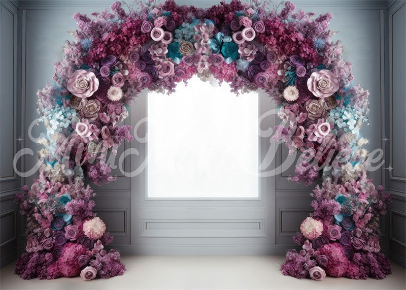 Kate Fine Art Light Interior Backdrop Pink Blue Purple Flower Arch Designed by Mini MakeBelieve