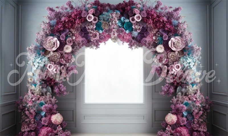 Kate Fine Art Light Interior Backdrop Pink Blue Purple Flower Arch Designed by Mini MakeBelieve