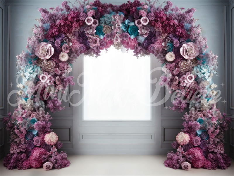 Kate Fine Art Light Interior Backdrop Pink Blue Purple Flower Arch Designed by Mini MakeBelieve