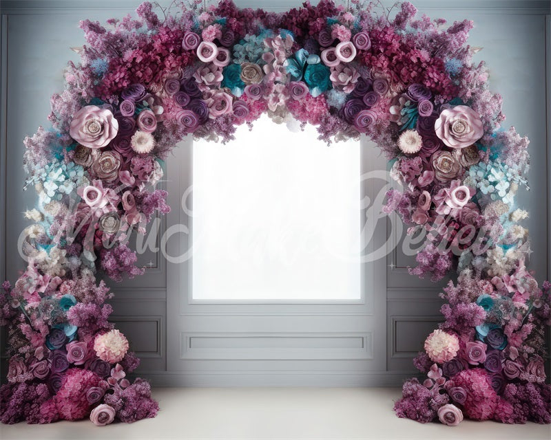 Kate Fine Art Light Interior Backdrop Pink Blue Purple Flower Arch Designed by Mini MakeBelieve