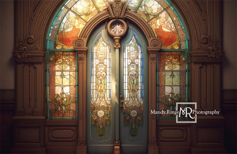 Kate Retro Church Door Backdrop Arched Stained Glass Designed by Mandy Ringe Photography