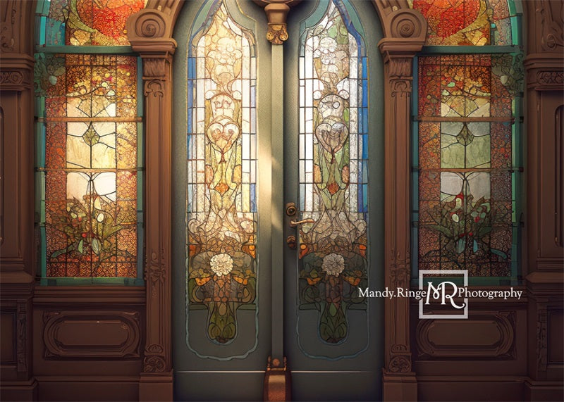 Kate Retro Church Door Backdrop Arched Stained Glass Designed by Mandy Ringe Photography