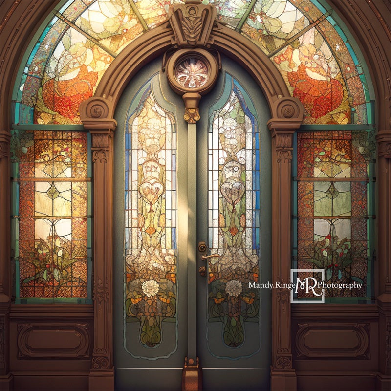 Kate Retro Church Door Backdrop Arched Stained Glass Designed by Mandy Ringe Photography