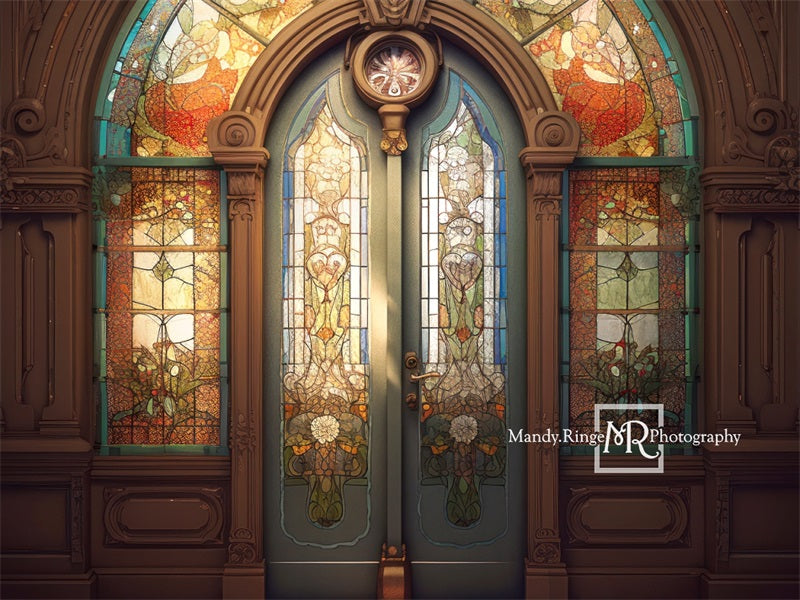 Kate Retro Church Door Backdrop Arched Stained Glass Designed by Mandy Ringe Photography