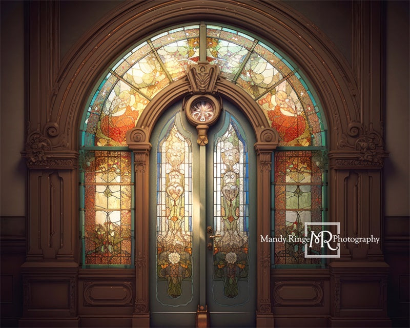 Kate Retro Church Door Backdrop Arched Stained Glass Designed by Mandy Ringe Photography