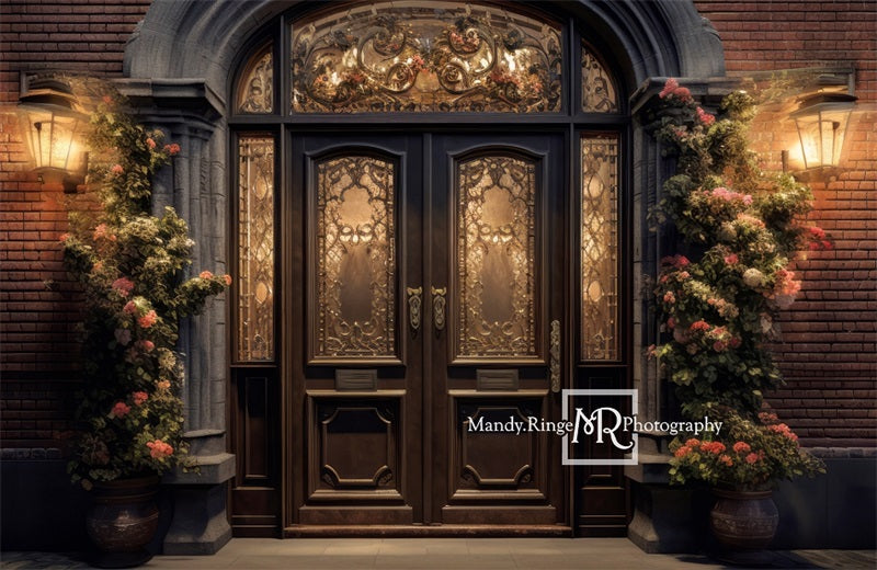 Kate Ornate Front Door Flowers Night Backdrop Designed by Mandy Ringe Photography