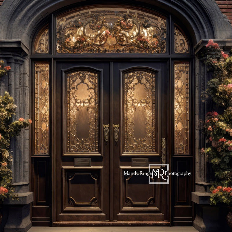 Kate Ornate Front Door Flowers Night Backdrop Designed by Mandy Ringe Photography