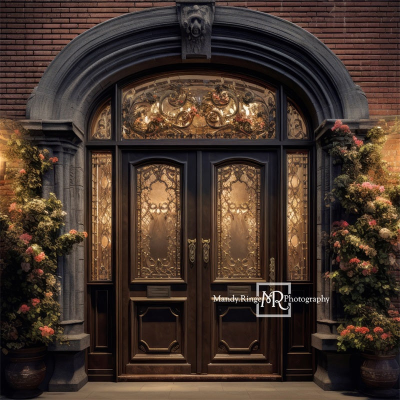 Kate Ornate Front Door Flowers Night Backdrop Designed by Mandy Ringe Photography