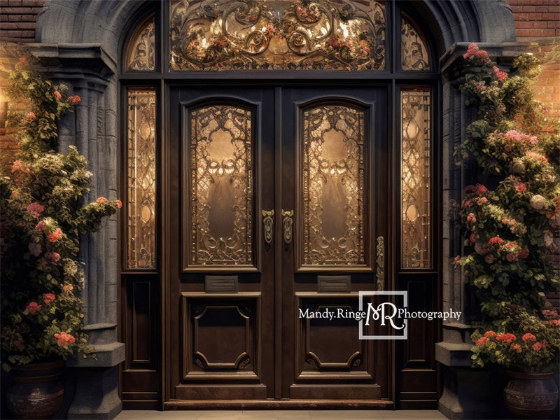 Kate Ornate Front Door Flowers Night Backdrop Designed by Mandy Ringe Photography