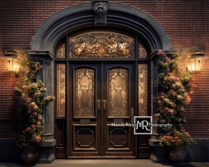 Kate Ornate Front Door Flowers Night Backdrop Designed by Mandy Ringe Photography