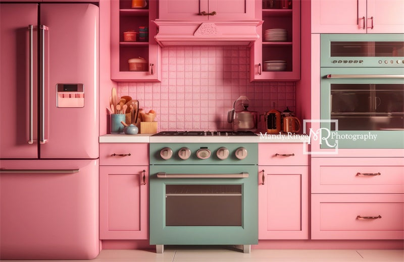 Kate Pink Dollhouse Kitchen Backdrop Designed by Mandy Ringe Photography