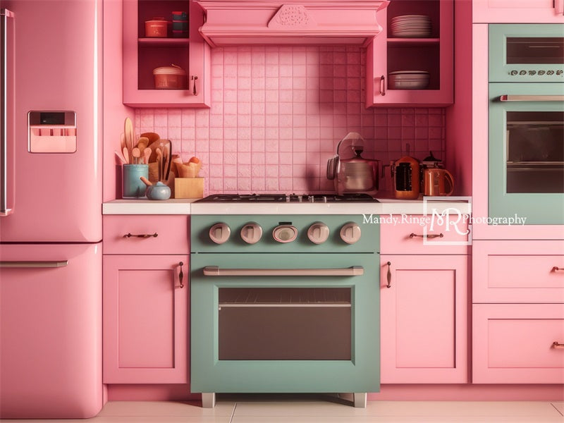 Kate Pink Dollhouse Kitchen Backdrop Designed by Mandy Ringe Photography