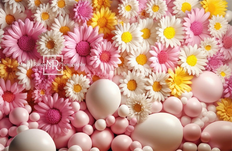 Kate Pink Yellow White Balloon Wall Daisies Backdrop Designed by Mandy Ringe Photography