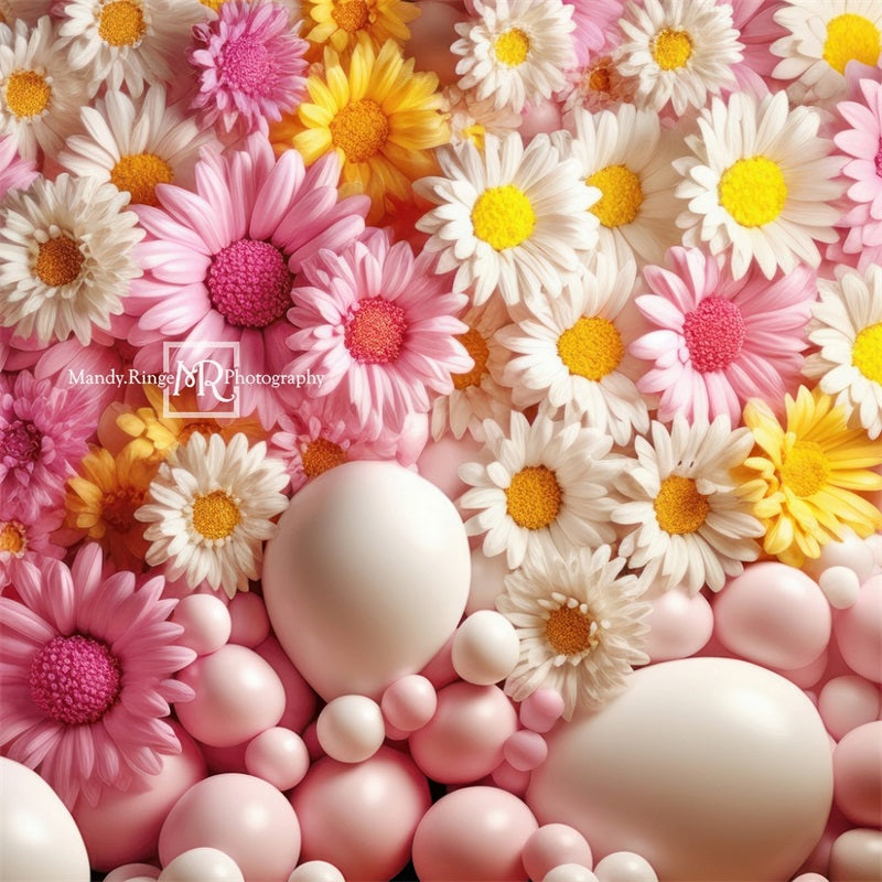 Kate Pink Yellow White Balloon Wall Daisies Backdrop Designed by Mandy Ringe Photography