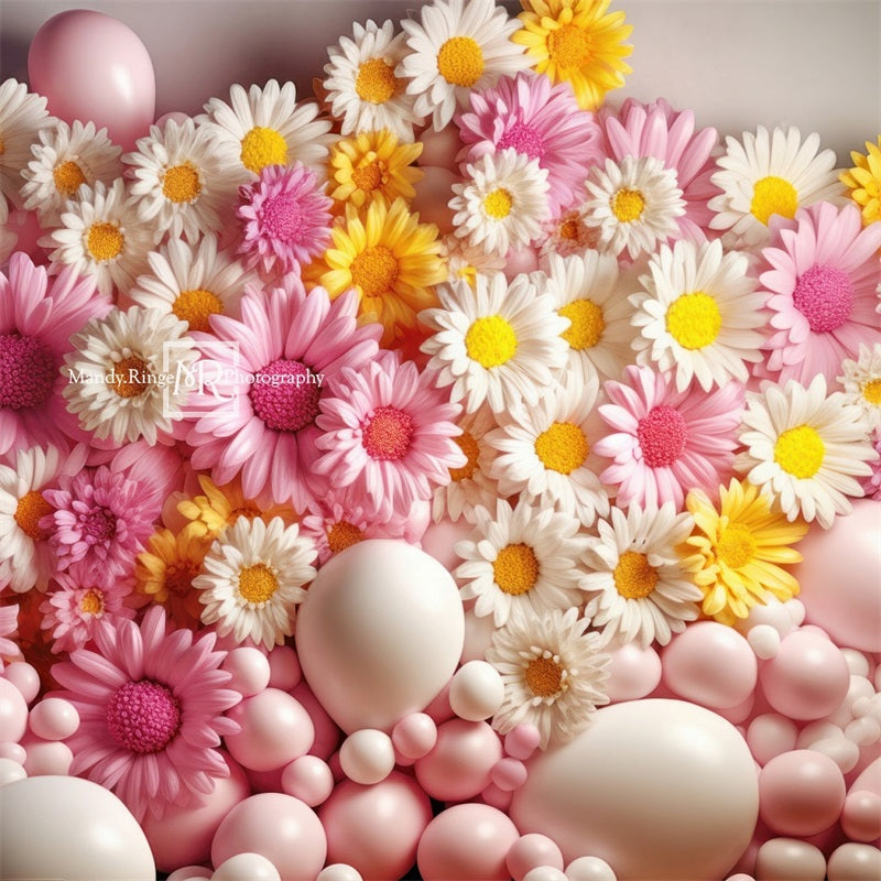 Kate Pink Yellow White Balloon Wall Daisies Backdrop Designed by Mandy Ringe Photography