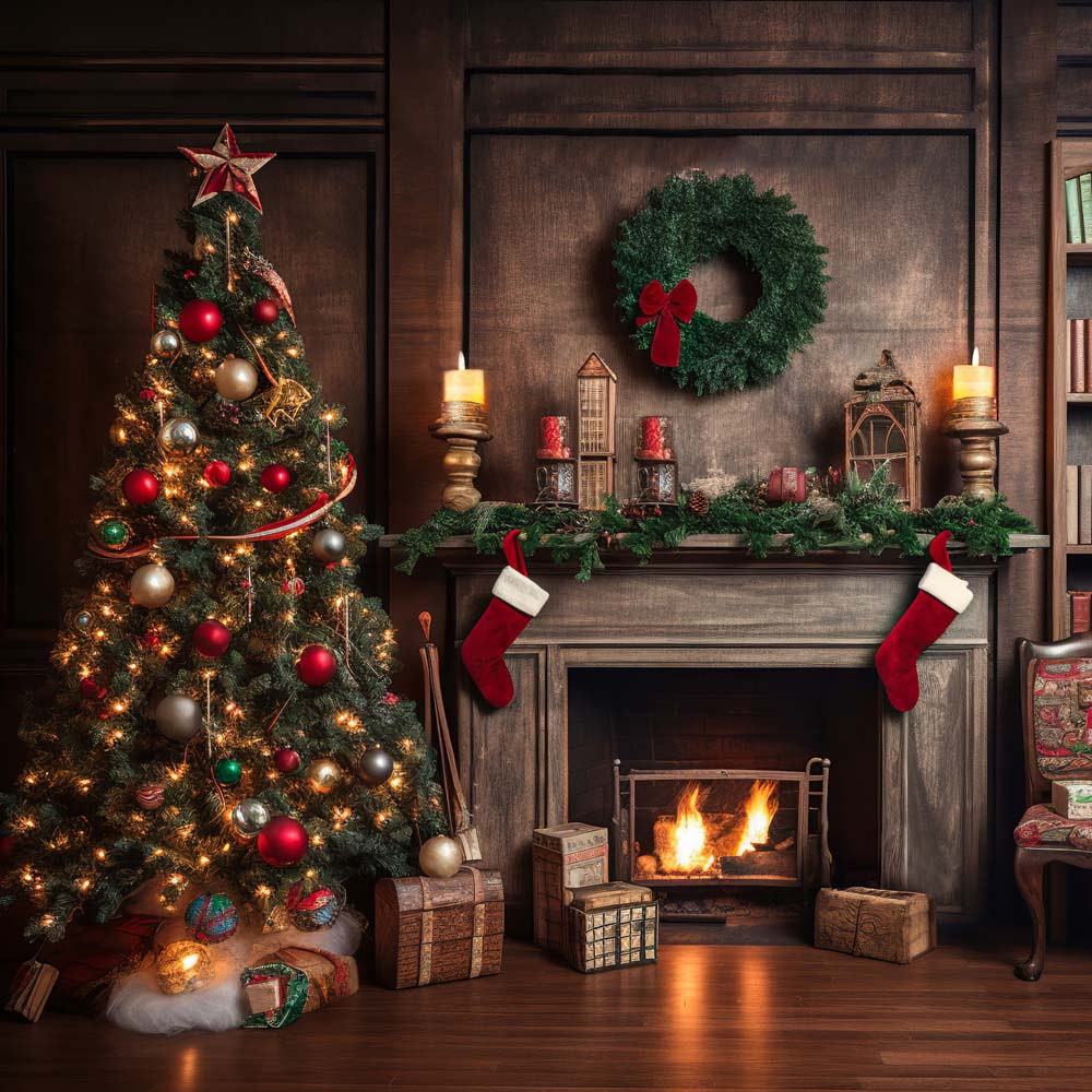 Fireplace with store christmas tree