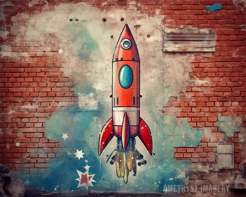 Kate Rocketship Painted Brick Wall Backdrop Designed by Angela Marie Photography