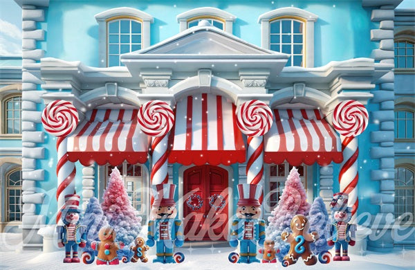 Kate Blue Red Christmas House Backdrop Designed by Mini MakeBelieve