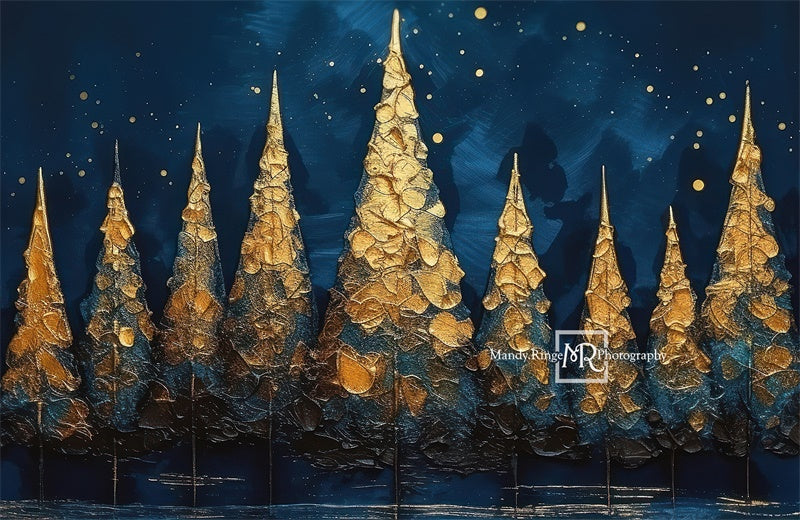 Kate Blue Gold Painted Holiday Trees Backdrop Designed by Mandy Ringe Photography