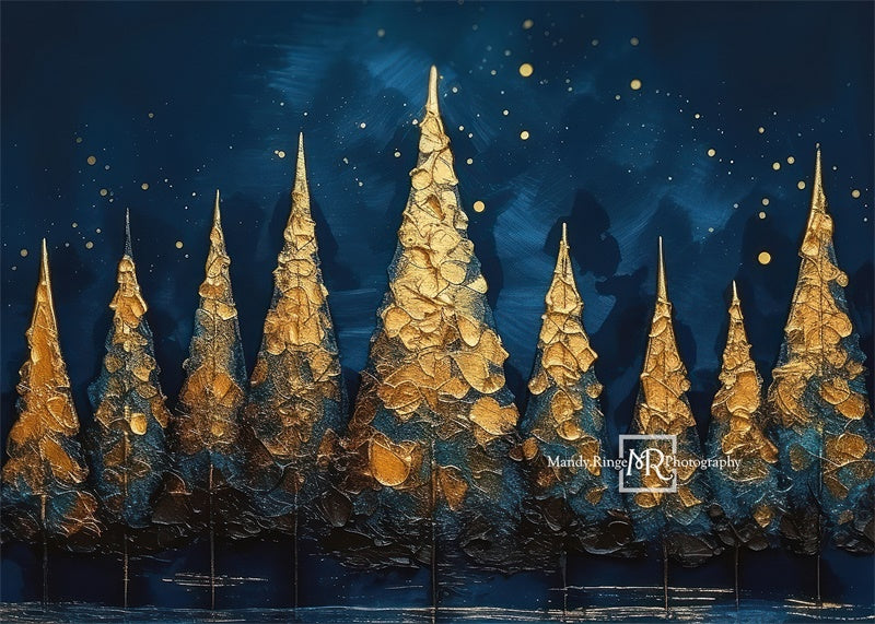 Kate Blue Gold Painted Holiday Trees Backdrop Designed by Mandy Ringe Photography