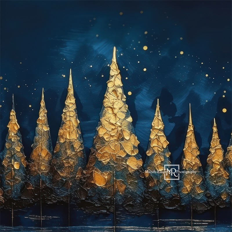 Kate Blue Gold Painted Holiday Trees Backdrop Designed by Mandy Ringe Photography