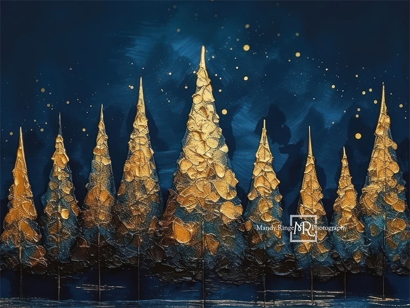 Kate Blue Gold Painted Holiday Trees Backdrop Designed by Mandy Ringe Photography