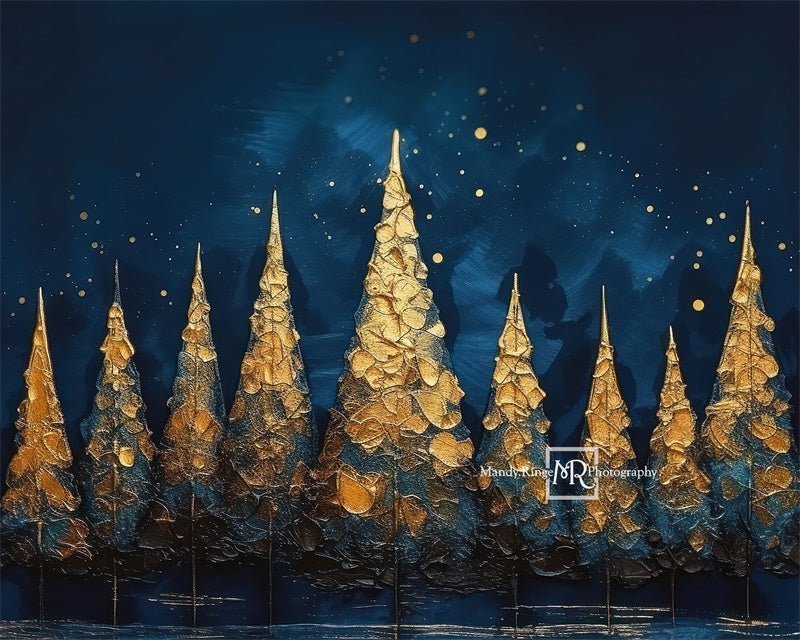 Kate Blue Gold Painted Holiday Trees Backdrop Designed by Mandy Ringe Photography