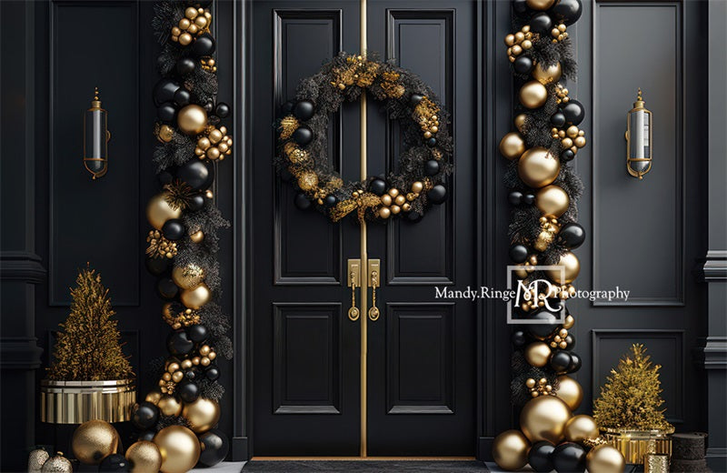 Kate Elegant Black and Gold Christmas Front Door Backdrop Designed by Mandy Ringe Photography