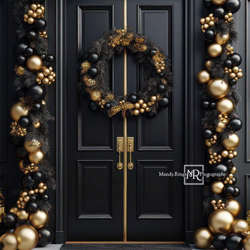 Kate Elegant Black and Gold Christmas Front Door Backdrop Designed by Mandy Ringe Photography