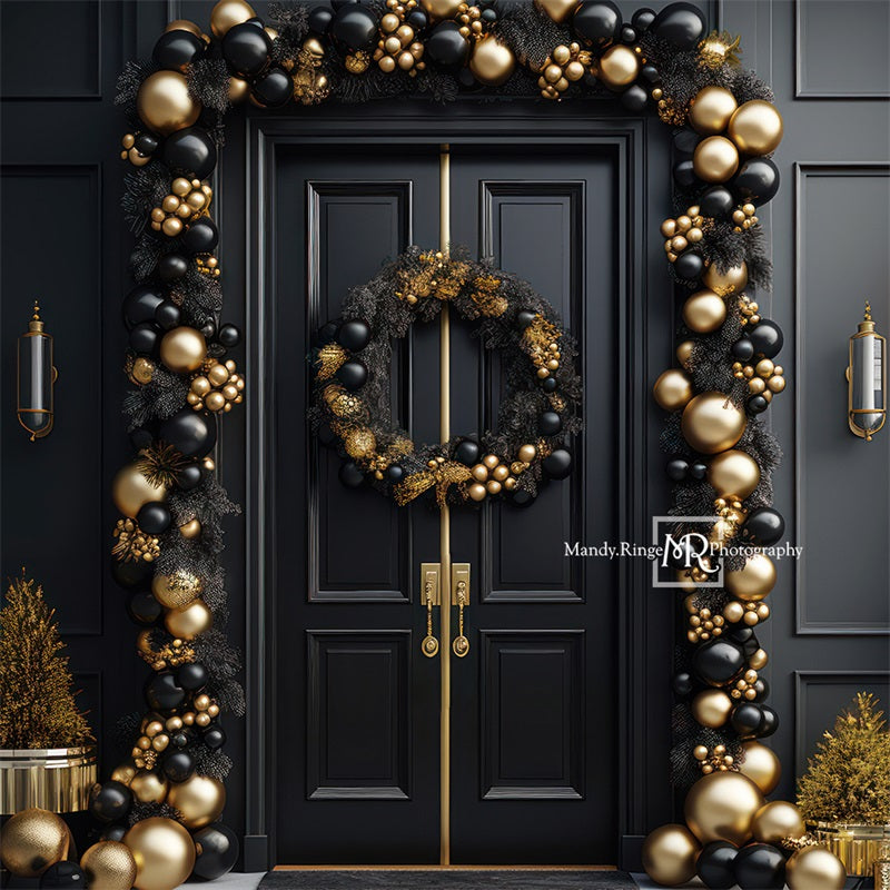 Kate Elegant Black and Gold Christmas Front Door Backdrop Designed by Mandy Ringe Photography