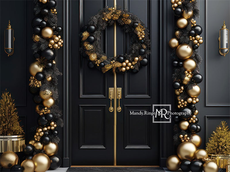 Kate Elegant Black and Gold Christmas Front Door Backdrop Designed by Mandy Ringe Photography