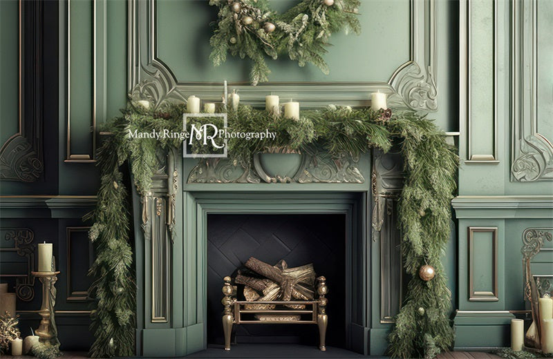 Kate Fireplace Christmas Greenery Fleece Backdrop Designed by Mandy Ringe Photography