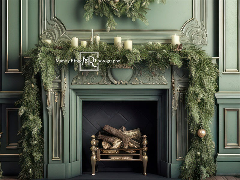 Kate Fireplace Christmas Greenery Fleece Backdrop Designed by Mandy Ringe Photography